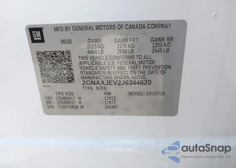 2018 Chevrolet Equinox Lt из США, поврежденный, VIN 2GNAXJEV2J6344620